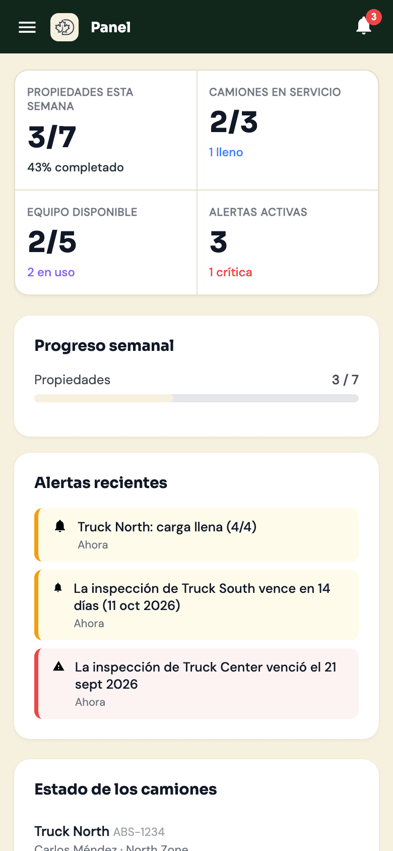 Panel de Diocri en un teléfono, con camiones activos, equipo y alertas recientes
