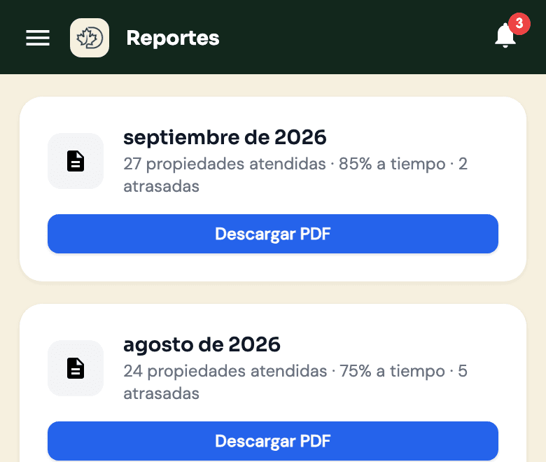 Reportes mensuales en un teléfono, con cumplimiento a tiempo y propiedades atrasadas