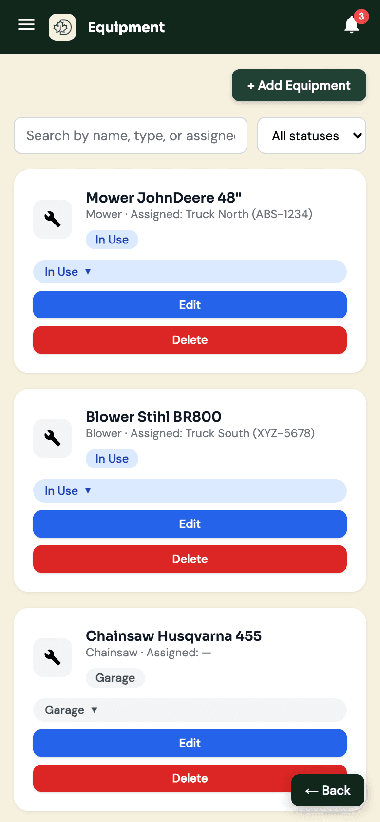 Equipment list on a phone, assigned to trucks or sitting in the garage