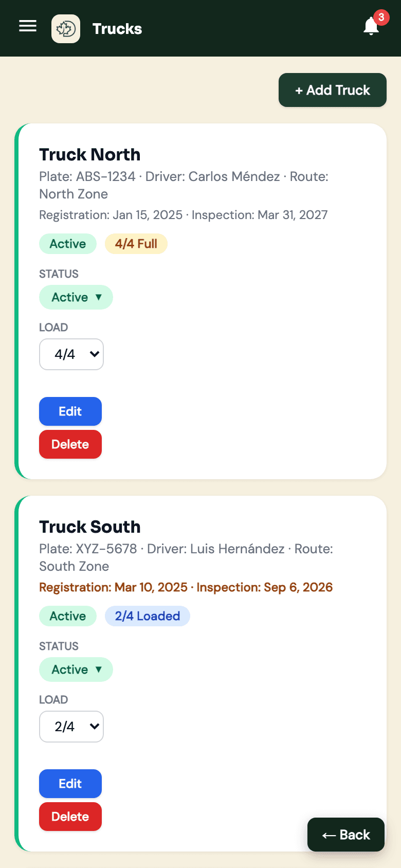 Trucks list on a phone, with status, load, and inspection dates